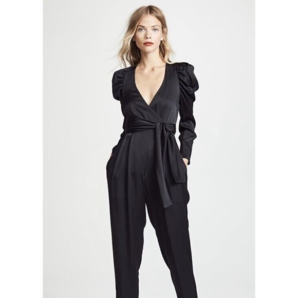 NWT A.L.C Christian Puff Sleeve V-Neck Belted Jumpsuit Womens Black Size 6 - Picture 1 of 8